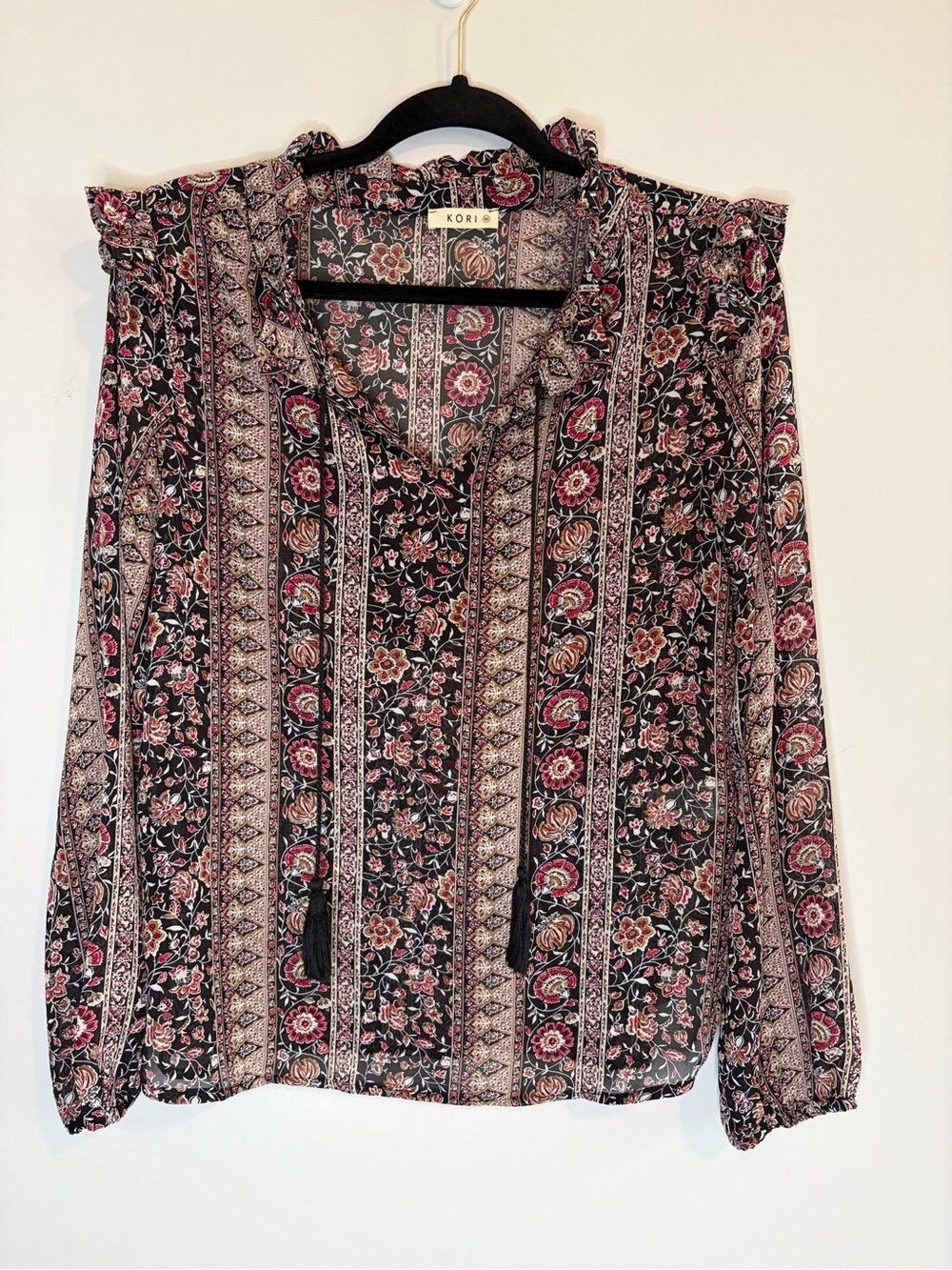 KORI Black Floral Tassel Tie Ruffle Blouse